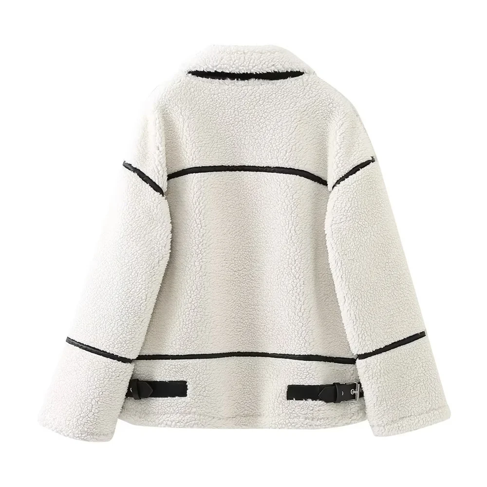 PB&ZA 2023 Autumn New Women's Wear European and American Style Casual Fur One Piece Lamb Wool Contrast Color Plush Warm Jacket C 3