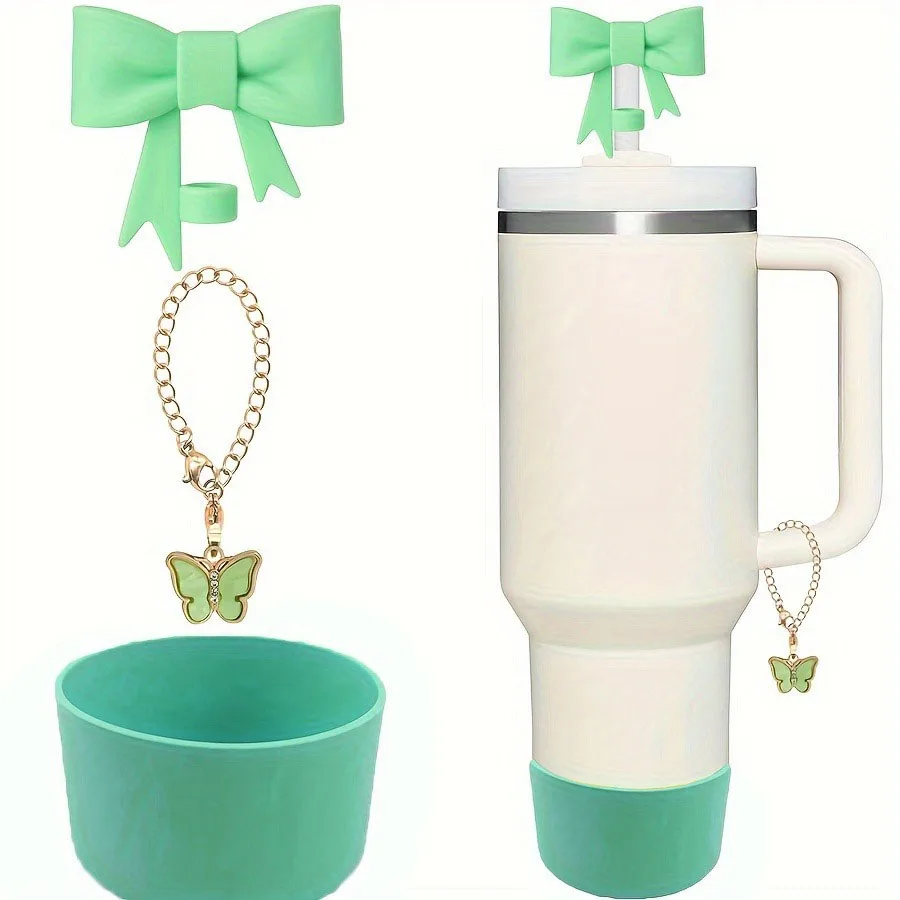 Set of 3 Cute Reusable Silicone Bow Straw Cap Covers and Water Bottle Protective Boots