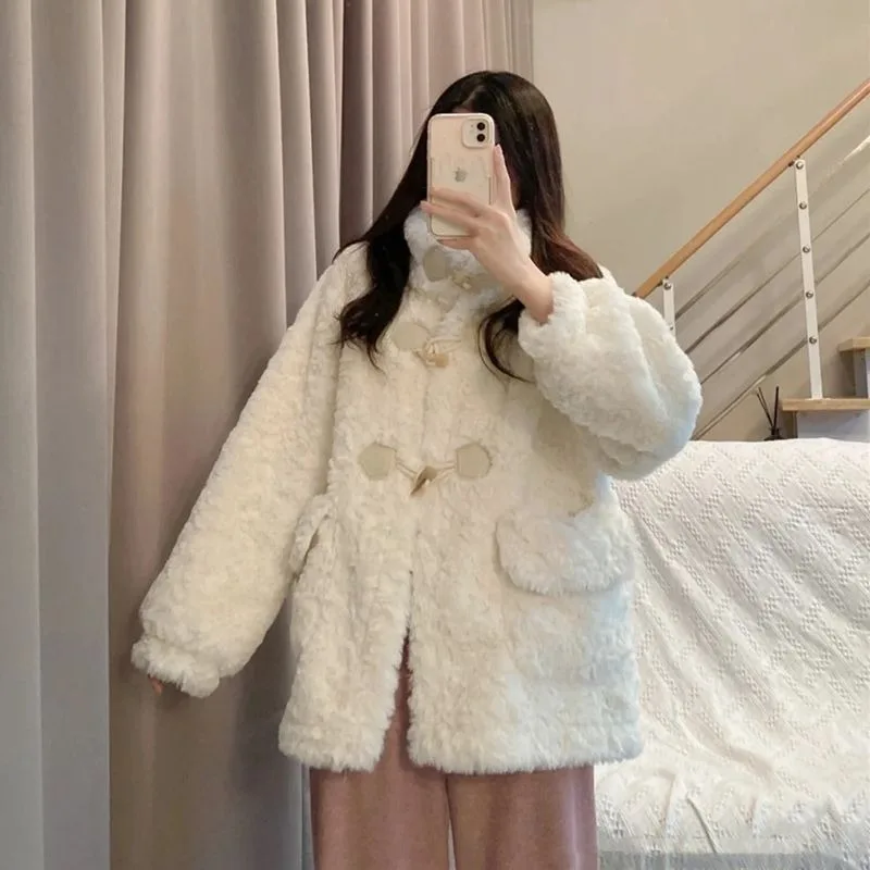 2023 New Lamb Plush Coat Women's Winter Versatile Casual Standing Collar Plush Thickened Faux Fur Coat