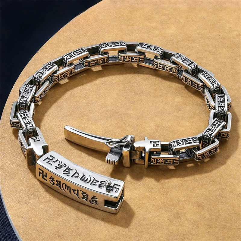 

Domineering S925 Silver Original Certified Six-Character Mantra Men's Bracelet 7mm Vintage Square Loop Cuff Chain Jewelry Gift