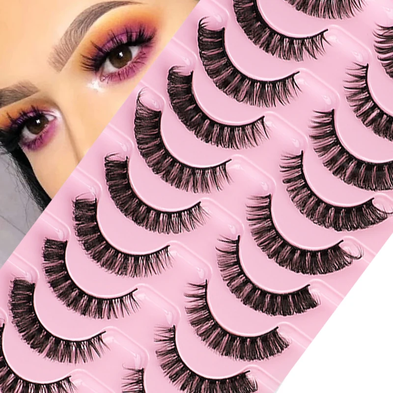 

10 Pairs Curled False Eyelashes Russian Thick Strip Lashes DD Curl Soft Eyelash Extension Natural Realistic Lashes Strips Makeup