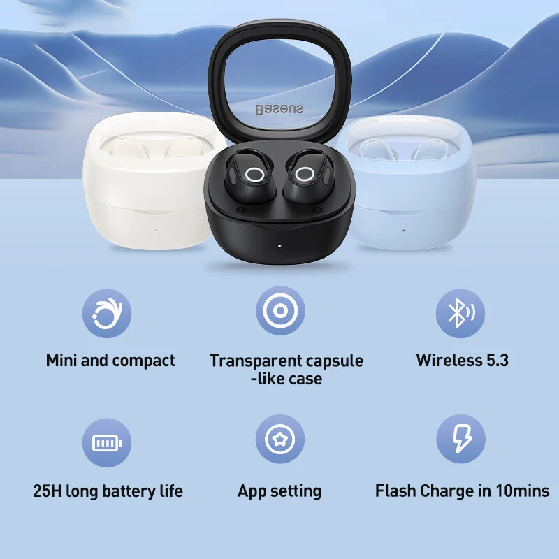 Baseus WM02 무선 이어폰 TWS Bluetooth 5.3 헤드폰, 미니 및 컴팩트 편안한 착용, 25시간 긴 배터리 수명