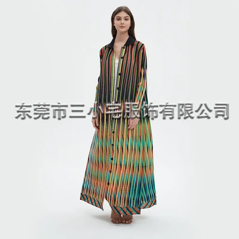 용수철 싱글 브레스트 플리츠 우아한 스트라이프 프린트 원피스 여성 가디건 재킷 의류, 2024 여름 신상