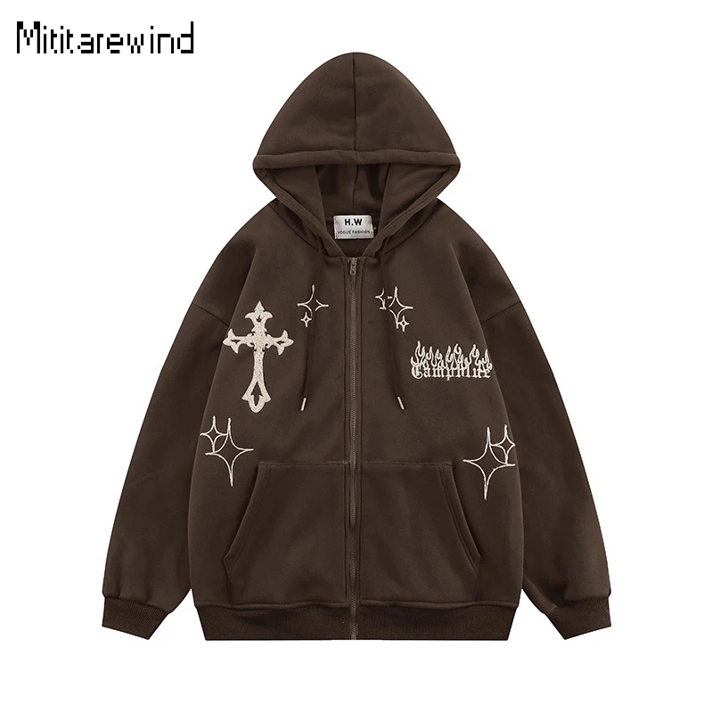 

Мужская толстовка на молнии с капюшоном в американском стиле, Модные свободные толстовки в стиле Хай-стрит, толстовки с вышивкой крестом, повседневная куртка унисекс