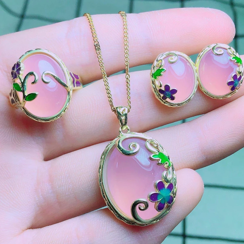 Natural chalcedony set of three 925 silver inlaid necklace pendant ring earrings exquisite jewelry style