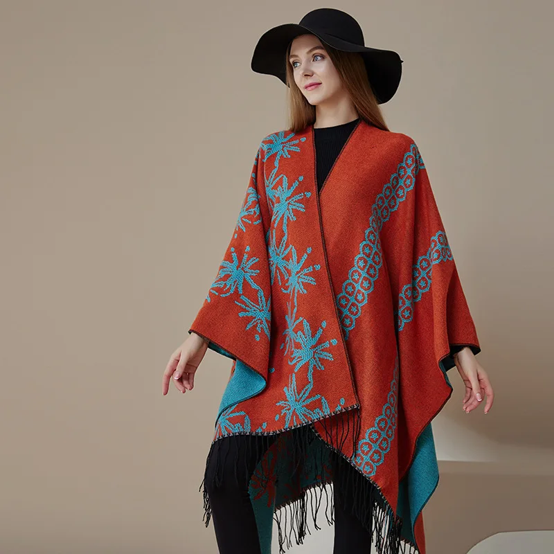 

Imitation Cashmere Poncho Fashionable Autumn Winter Shawl New Small Fresh Flower Cardigan With Tassel Split Warmth Cape Cloak