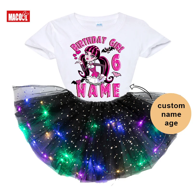 thumbnail image 1 of Conjunto de tutú y vestido para cumpleaños de niñas, traje de fiesta de cumpleaños de Monster High Boll, vestido ligero para fiesta de niñas, falda de 5 años, manga larga, 1 of 5