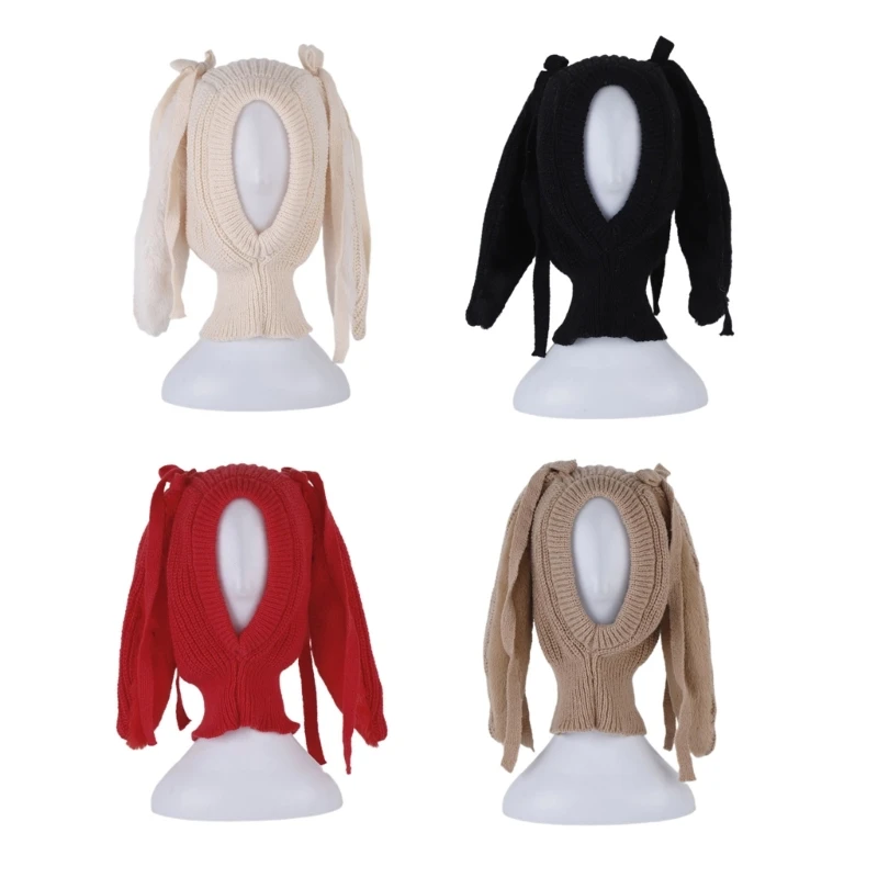 

Женская шапка-балаклава с длинными кроличьими ушками и бантом, вязаная зимняя шапка-бомбер, шарф, интегрированный
