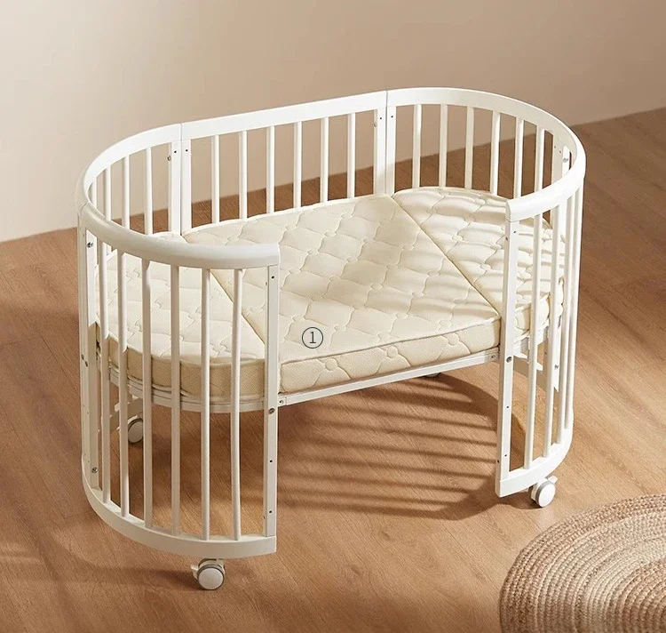 Solid wood splicing large bed multi-functional movable baby small round bed 0-6 years old newborn cradle