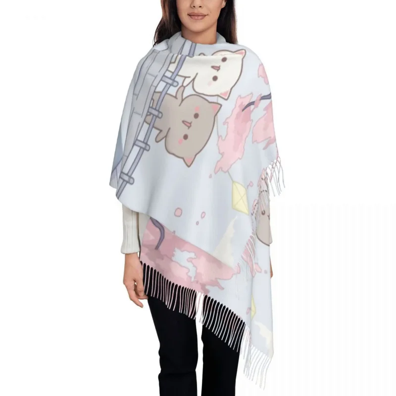 

Romantic Peach And Goma Mochi Cat Tassel Scarf Women Soft Shawl Wrap Female Winter Scarves