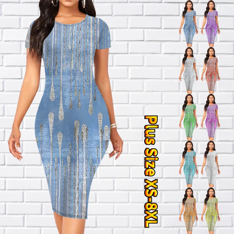 

2023 Knee Length Skirt Round Neck Dress Summer Women's Slim Fit Skirt New Fashion Slim Fit New Design Printed Short Sleeve Skirt