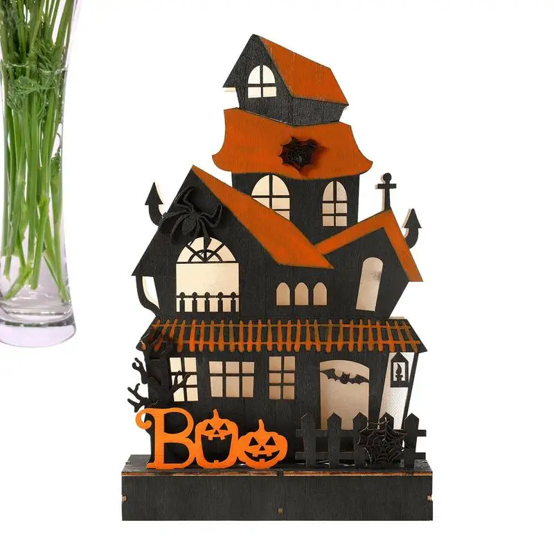 

Halloween Wooden Spooky Signs Tabletop Decor Pumpkin Wooden Haunted House Light Ornaments LED Ambient Light Party Favors