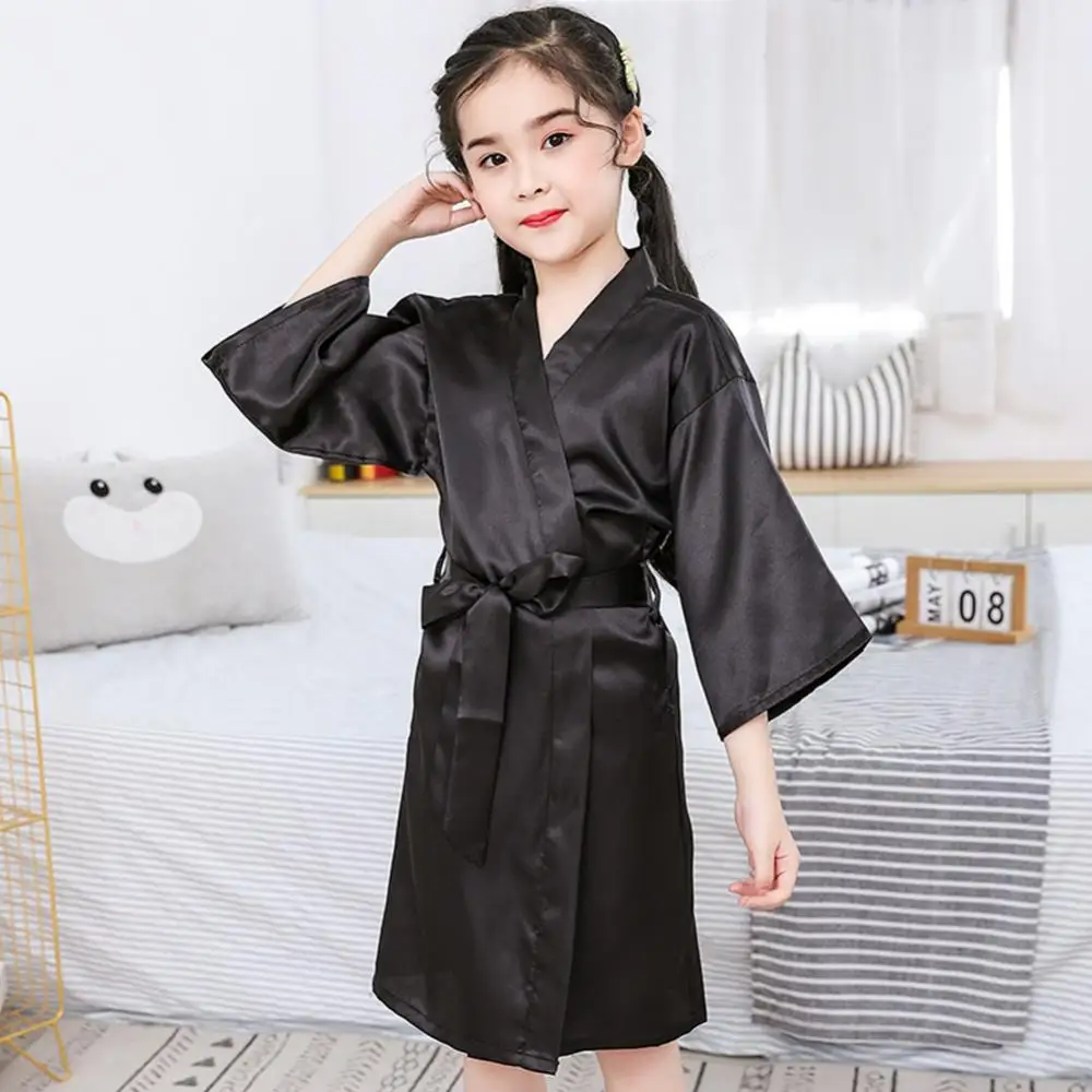 Solid Color Kids Bathrobe Girls Silk Satin Kimono Robes Kids Children Bathrobe Sleepwear Nightgown with Belt sleepwear menina images - 6