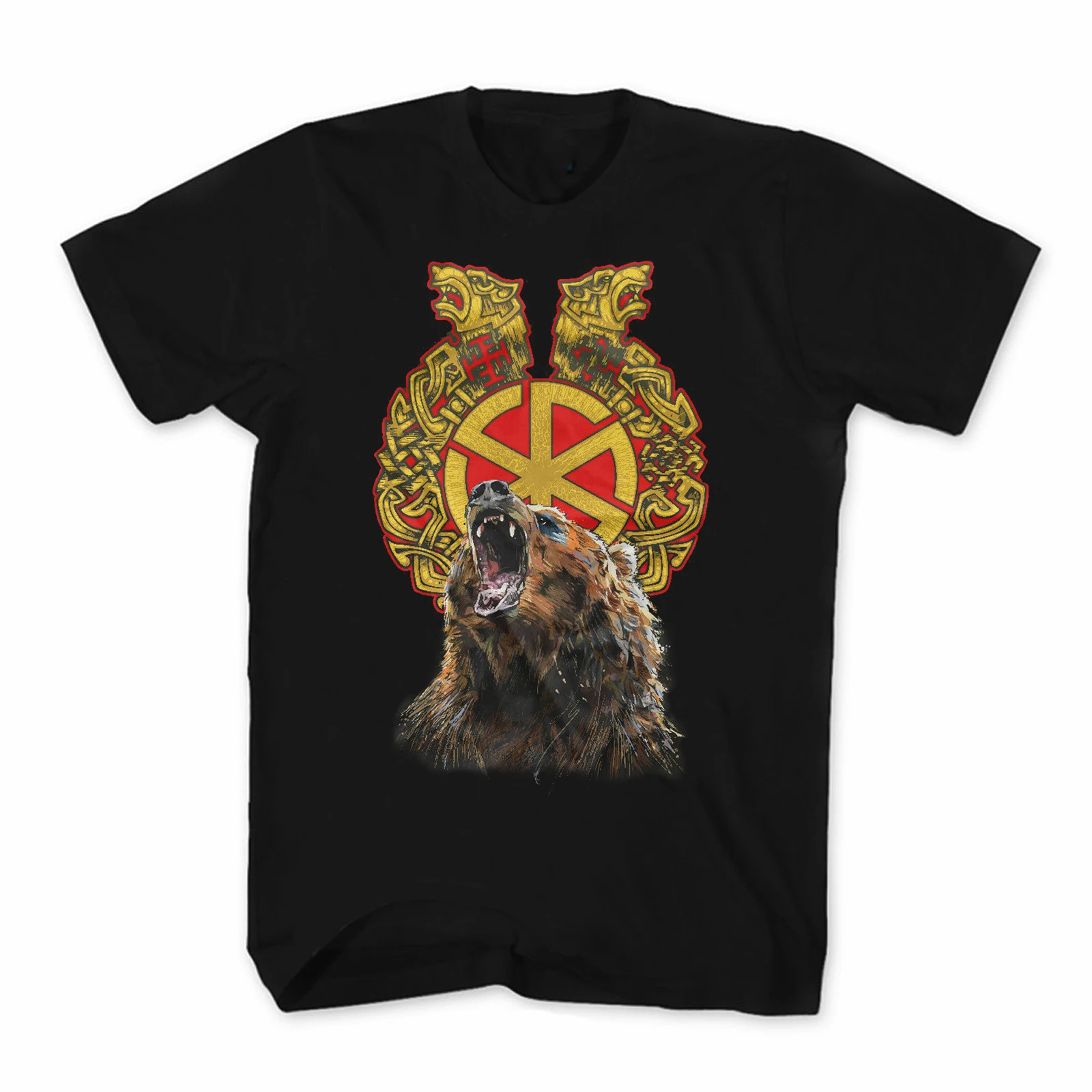 

Slavic Kolovrat Sun Wheel and Bear Amulets Russian Orthodox T-Shirt. Summer Cotton Short Sleeve O-Neck Mens T Shirt New S-3XL