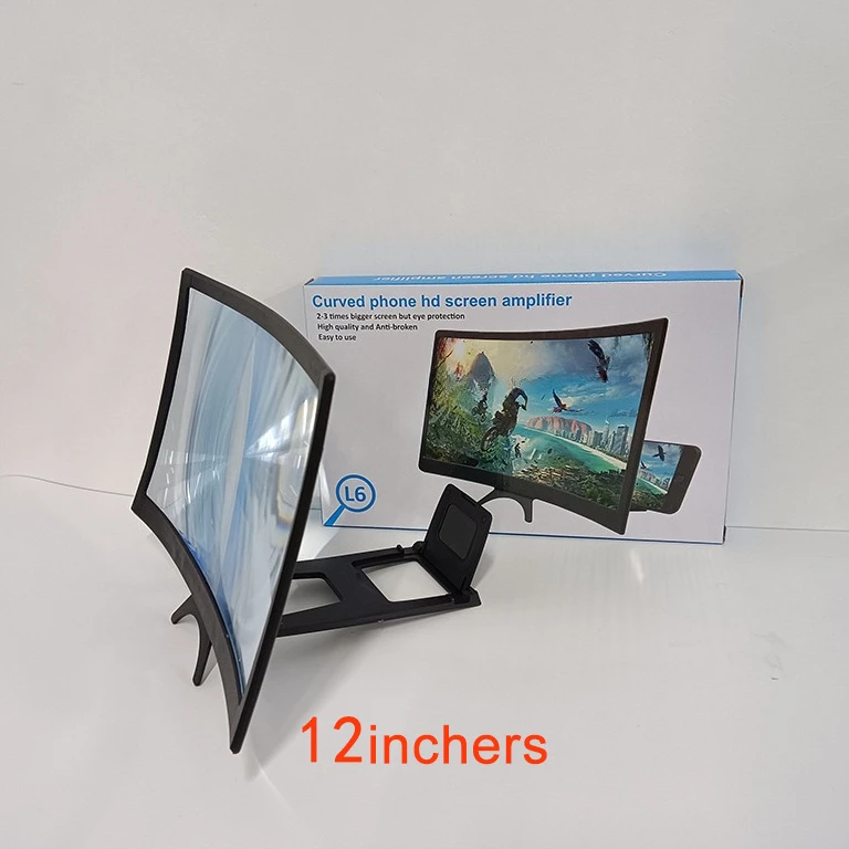 12" Curved Screen Magnifier for Cell Phone 3D HD Magnifying Projector Screen Enlarger for Movies Video Fold Phone Stand Holder