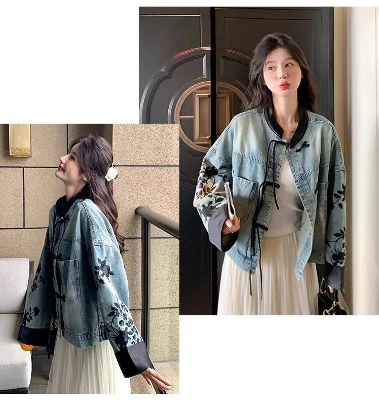 Chic Denim Jacket Women's Outwear 2026 Spring Autumn New Chinese Loose Embroidered Plus Size 3XL Jeans Short Coat Tops