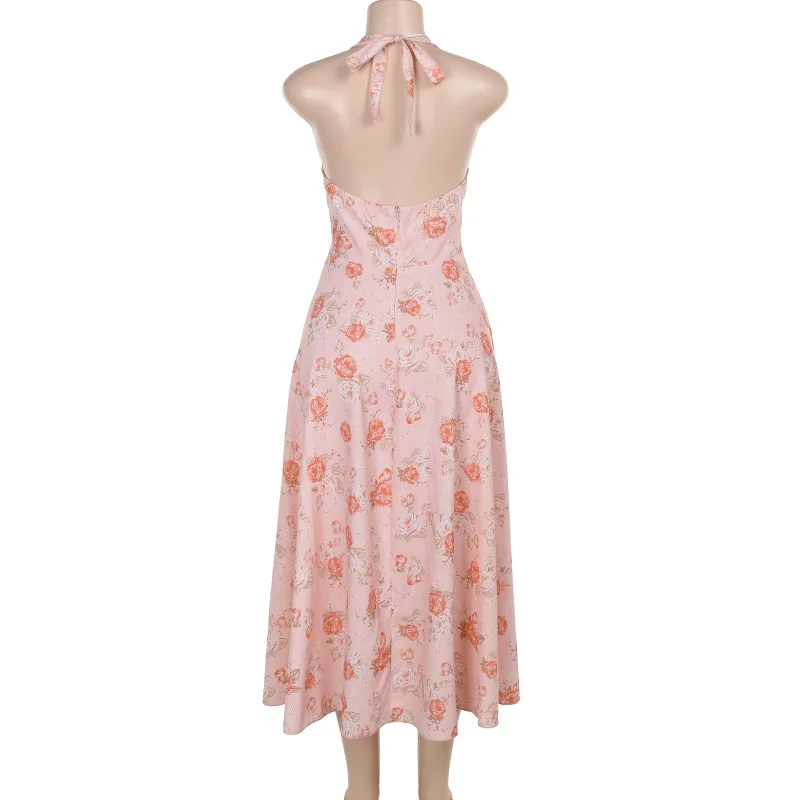 Sexy Print Deep V-neck Sleeveless Backless Neck-mounted Dress Women Slim High Waist Birthday Party Dress Femme Outfits