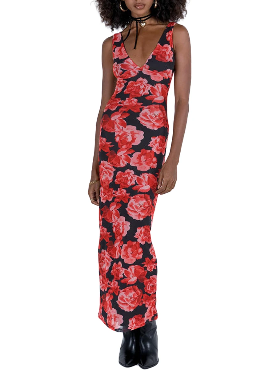 

Women Spaghetti Strap Floral Sleeveless V Neck Floral Print Backless Long Bodycon Dress Slim Fitted Prom Cocktail