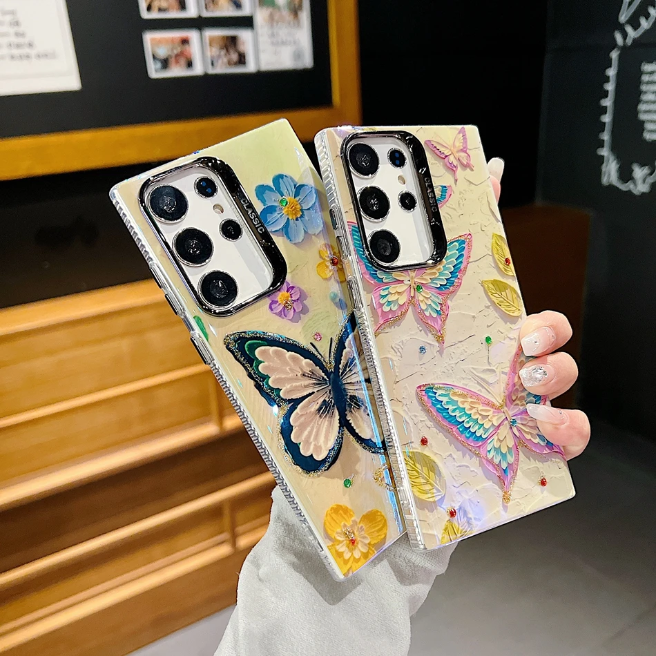 High Quality Glitter Butterfly Flower Hard Case For Samsung Galaxy A55 A35 A54 A34 A25 A15 S23 S24 Ultra S25 Plus Protector Cover_voghion.com