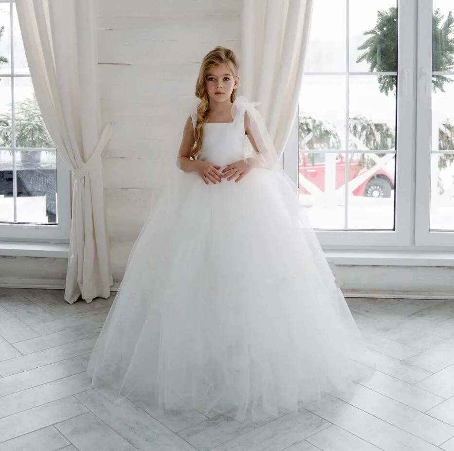 

Gorgeous Tulle White Ivory Flower Girl Dress for Wedding Zipper Back Big Satin Bow Girls First Communion Dress Special Occasion