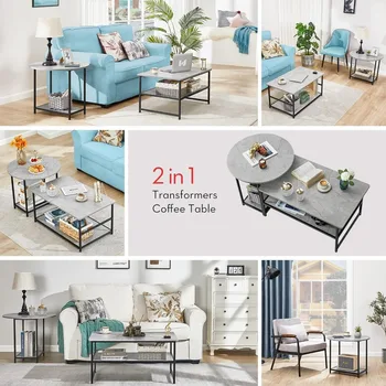 WOHOMO Coffee Table, Modern Style Coffee Tables for Living Room Marble Center Table with Storage 2 in 1Detachable Table Set 4