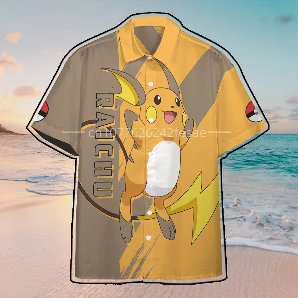 

Spring And Summer Pokemon Raichu Hawaiian Shirt Casual Fashion Street Y2K Button Shirt Men's and Women's T-Shirt Kid's Tops