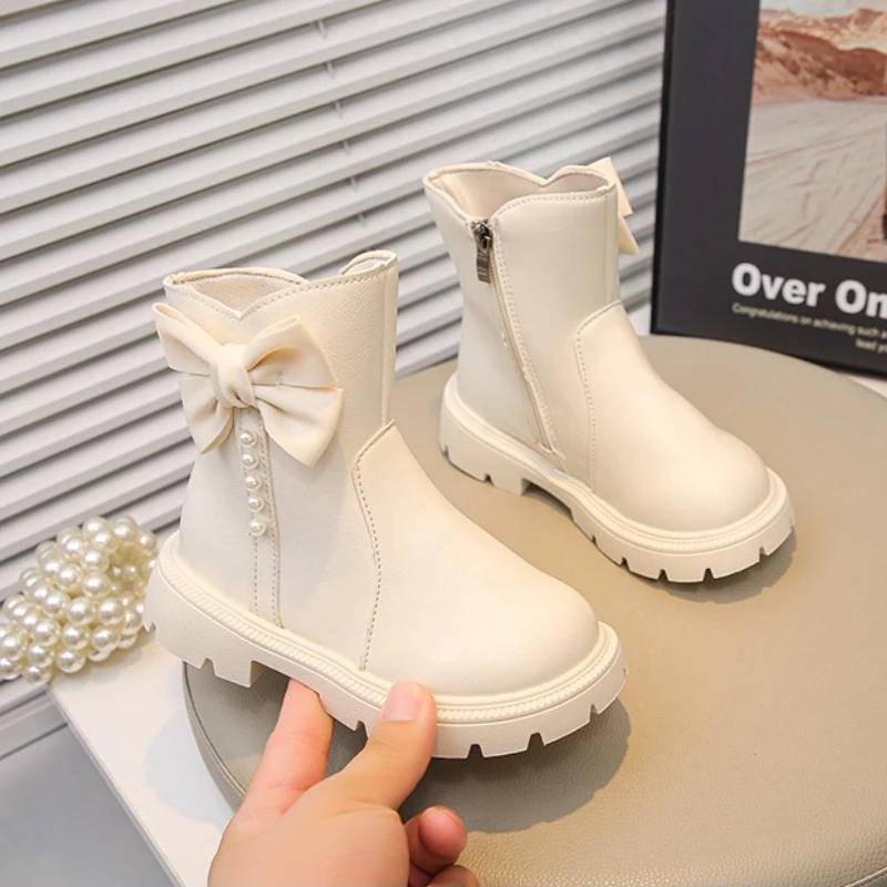 Spring Autumn Children Princess Leather Boots New Fashion Girl's School Causal Short Boots Zipper Kids Ankle Boot with Bowknot