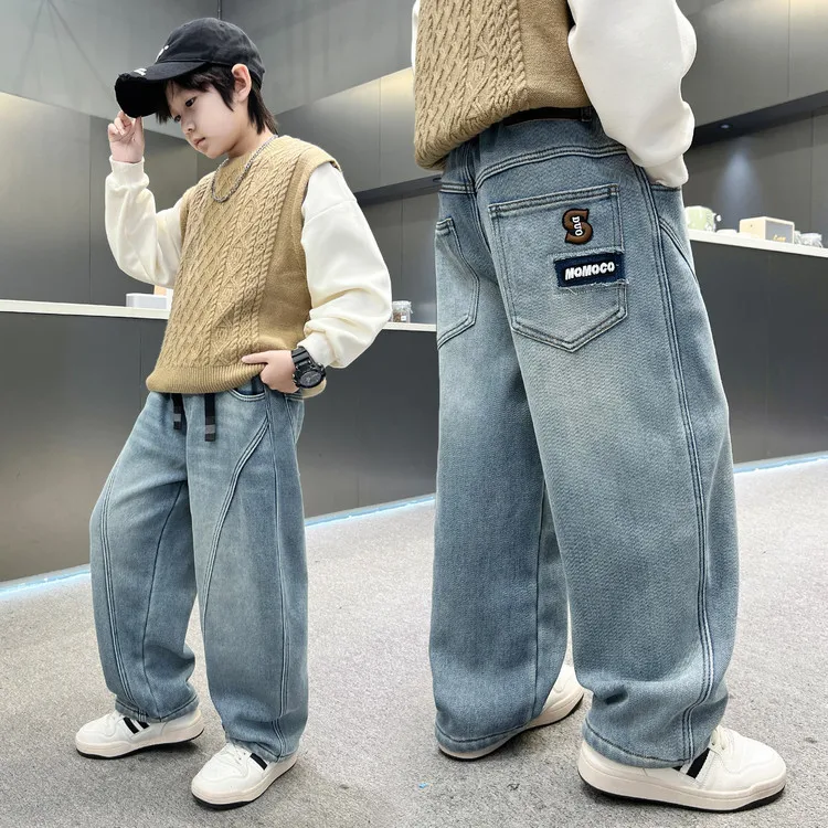 십대 가을 빈티지 배기 청바지 소년용 루즈 스트레이트 캐주얼 데님 팬츠 학생 어린이 레터 자수 바지