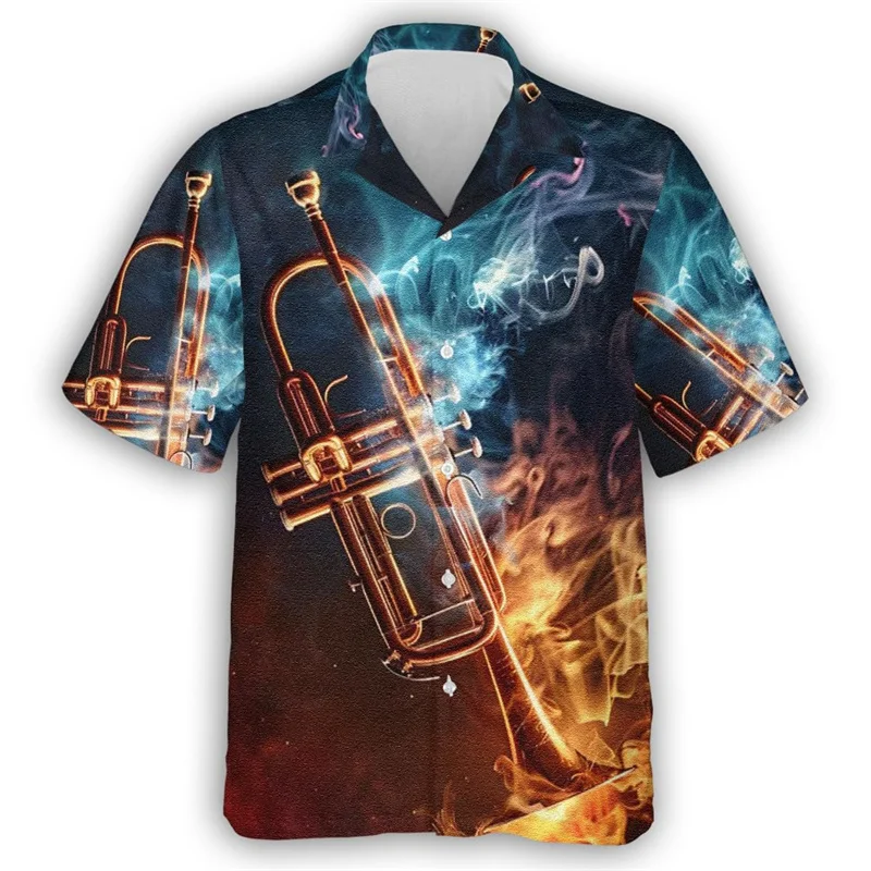 Camisa hawaiana con estampado de instrumentos musicales para hombre, camisas hawaianas con estampado 3D de flores coloridas, blusas casuales de verano de manga corta con solapa