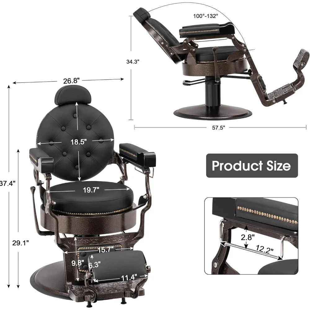 Vintage Barber Chair Heavy Duty Metal Frame All Purpose Hydraulic Recline Salon Beauty Spa Chair Styling Equipment