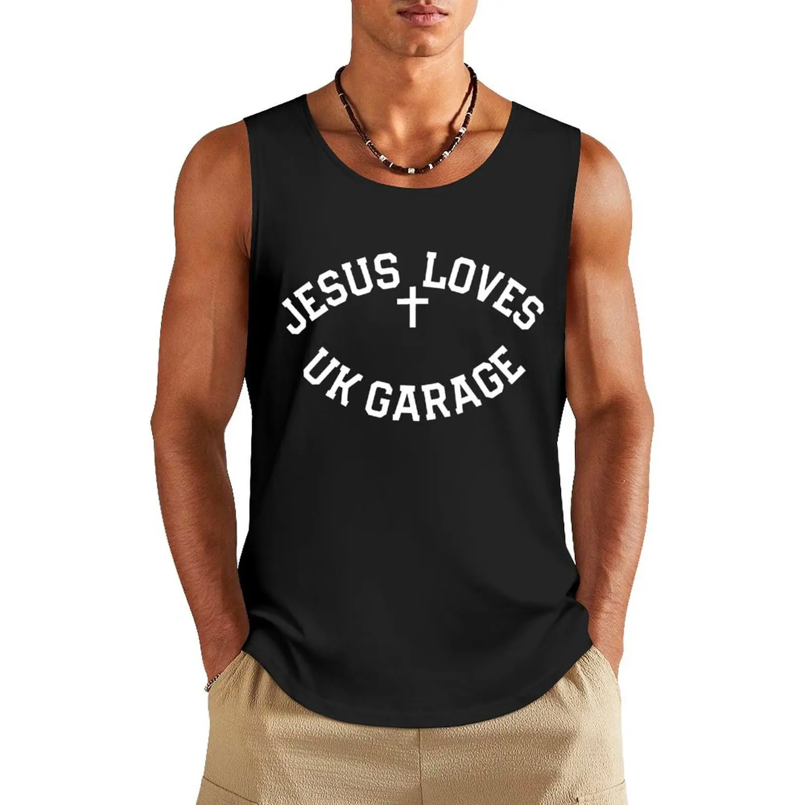 

Jesus Loves UK Garage Slogan - Black Tank Top training weight vest sports t-shirts for men summer clothes for men
