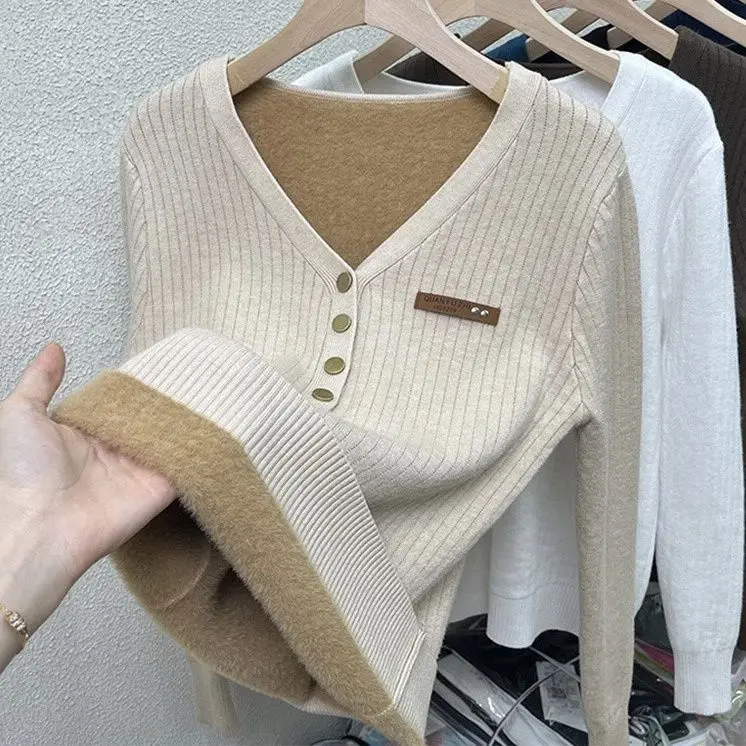 

Knitting Sweater Women's V-neck Pullover Loose Knitting Bottoming Shirt Autumn Winter Long Sleeves Threaded Female Tops G283