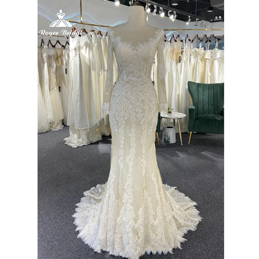 

Luxury Mermaid Wedding Dresses For Women 2023 Appliques Lace Long Sleeve Button Court Train Vestidos de Novia Bridal Gown