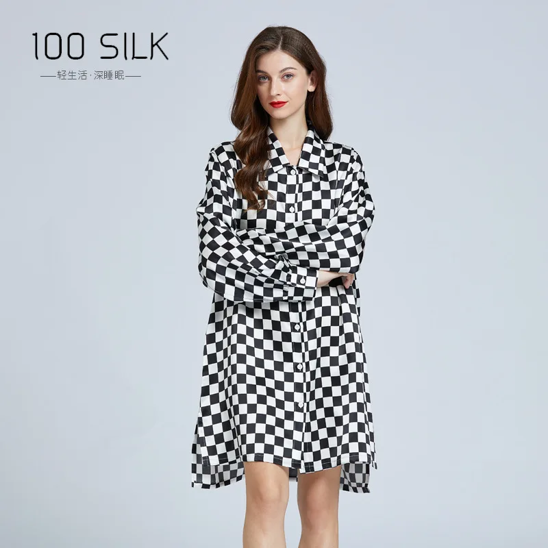 

Birdsky, Women shirt dress loose pajamas nightwear long sleeve sleepwear 19MM 100% mulberry silk checker board plaid, S-521