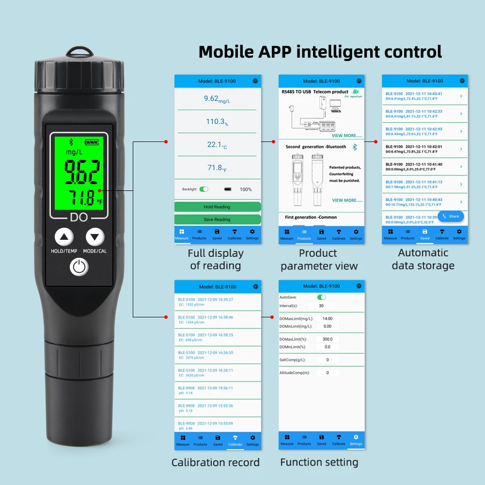 BLE-9100 o medidor dissolvido esperto 0-30mg/l do oxigênio de bluetooth faz o verificador profissional do analisador da aquicultura para o vinho da fabricação de cerveja do tanque de peixes