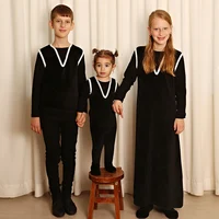 Girls and lady robe long sleeves clothes ribbed and velour set family set maxi dress casual girls black maxi dress wear 3