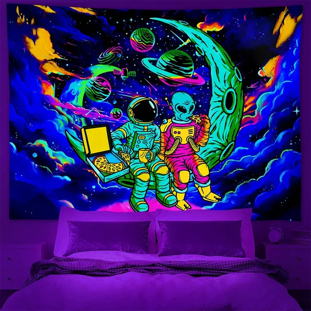 Tapisserie extraterrestre réactive UV à lumière noire, Hippie, hip hop, fluorescente, psychédélique, tenture murale d'astronaute, pour décoration de chambre à coucher 1