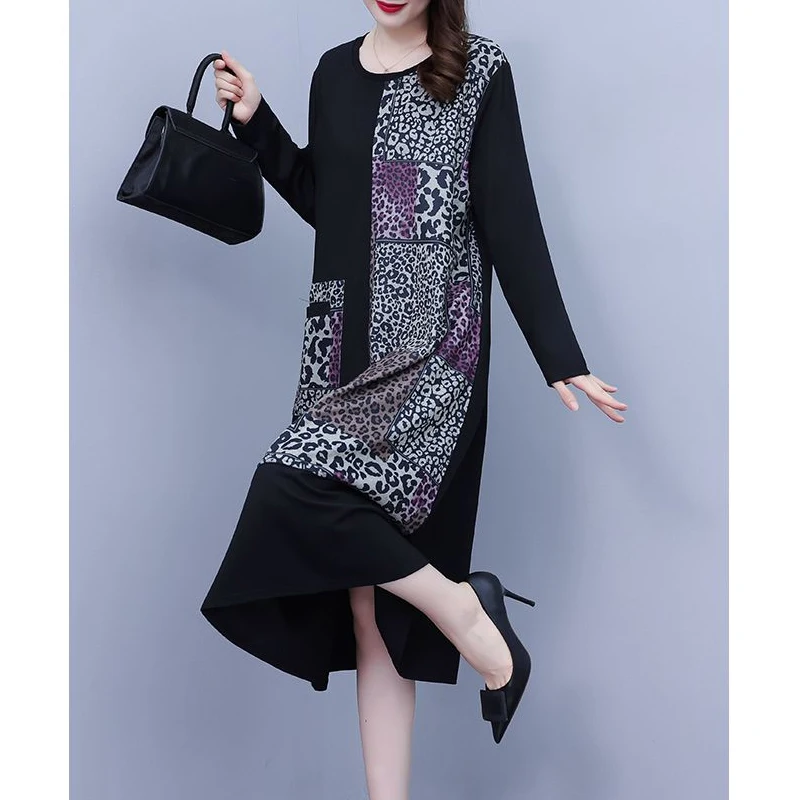 여성용 레오파드 프린트 패치워크 우아한 기본 티셔츠 미디 드레스, 봄 가을 패션, 캐주얼 루즈 포켓, 긴팔 드레스