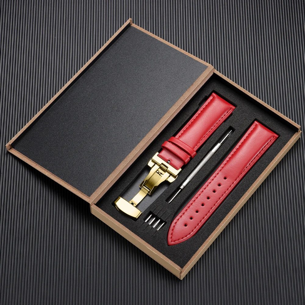 Elegant Genuine Leather Watchband with Butterfly Buckle and Wooden Gift Box