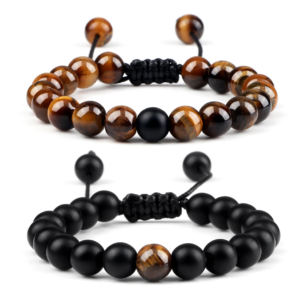 

8mm Natural Stone Beads Bracelet for Women Men Handmade Lava Tiger Eye Bangle Woven Adjustable Rope Energy Healing Jewelry Gifts