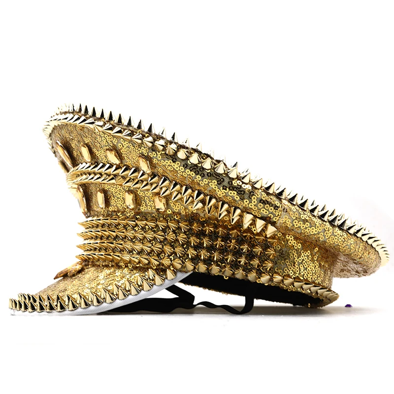 Women Men Steampunk Military Hat With Gold Rivet Queen Sequin Burning Captain Sergeant Hat Rave Festival Bachelorette Part Sailor Hat Women Hats Women Military Hat Mens Hat