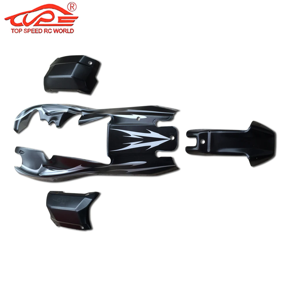 Coque de carrosserie pour voiture RC 1/5 HPI Rovan Kingmotor Mcd BAJA 5B SS vue de côté avec finitions transparentes.
