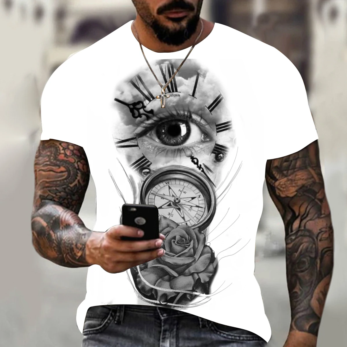 Summer New Fashion Trend Men's Compass 3D Printing T-shirt Hip Hop Short Sleeve Handsome Streetwear |