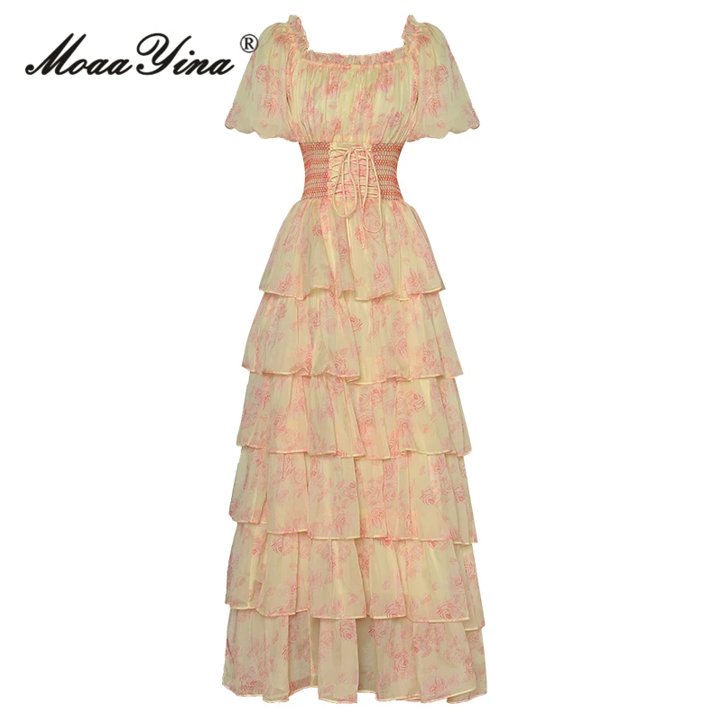 

MoaaYina Summer Fashion Runway Maxi Long Dress Women Square Collar Drawstring Elastic Waist Cascading Ruffle Vintage Print Dress