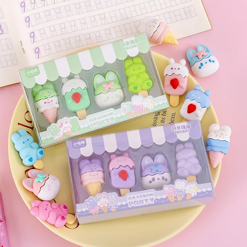 2 set/lot Cartoon Animals Shaped ICe Cream Rubber Eraser pencil eraser plasticine eraser biscuit eraser kneadable eraser retractable eraser School Supplies Stationery Kids Students Cool Prizes