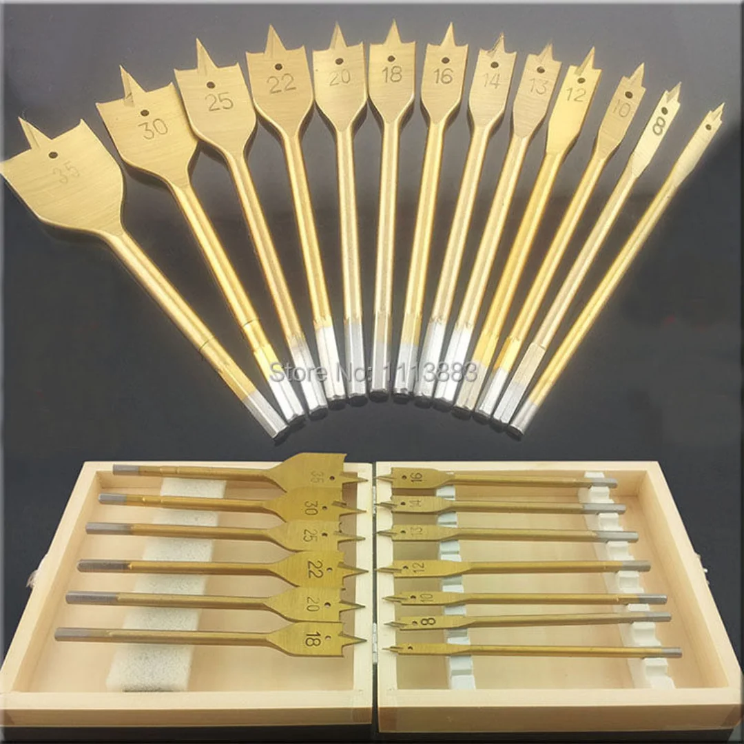 

13PCS Titanium Coated Spade Bits (Flat Bits) in a Wooden Box