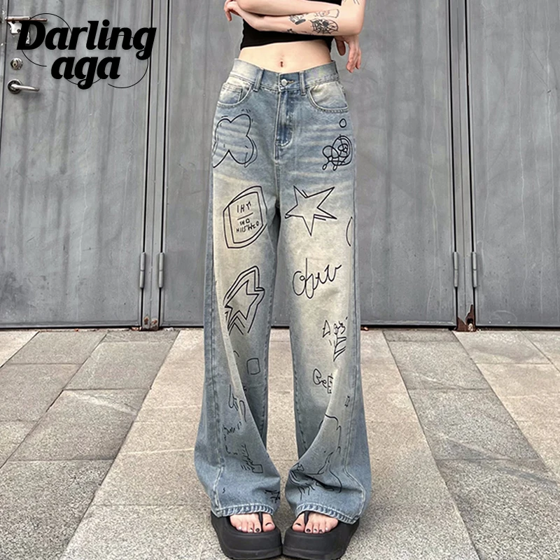 

Darlingaga Harajuku Printed Basic Low Rise Women's Jeans Distressed Korean Straight Leg Denim Pants Casual Baggy Trousers Bottom