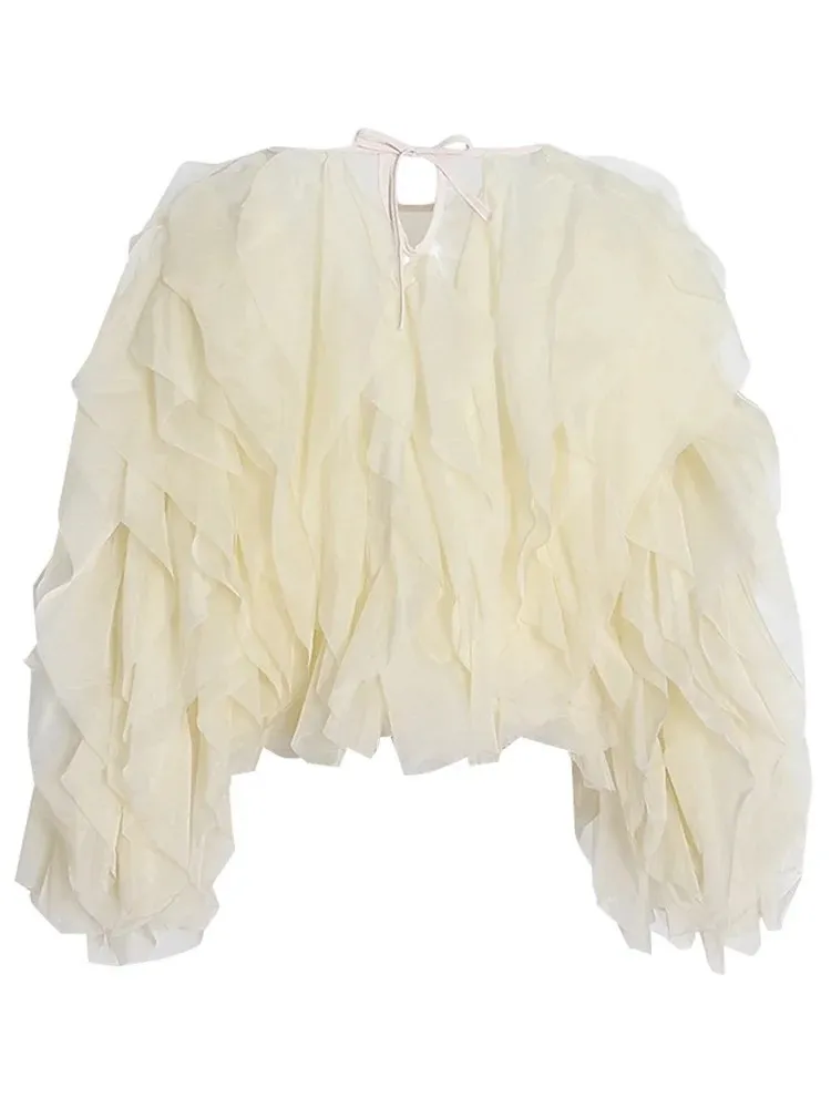 BPN Elegant Soild Party Blouses For Women Round Neck Long Sleeve Patchwork Ruffle Loose Temperament Shirts Female Clothing New 