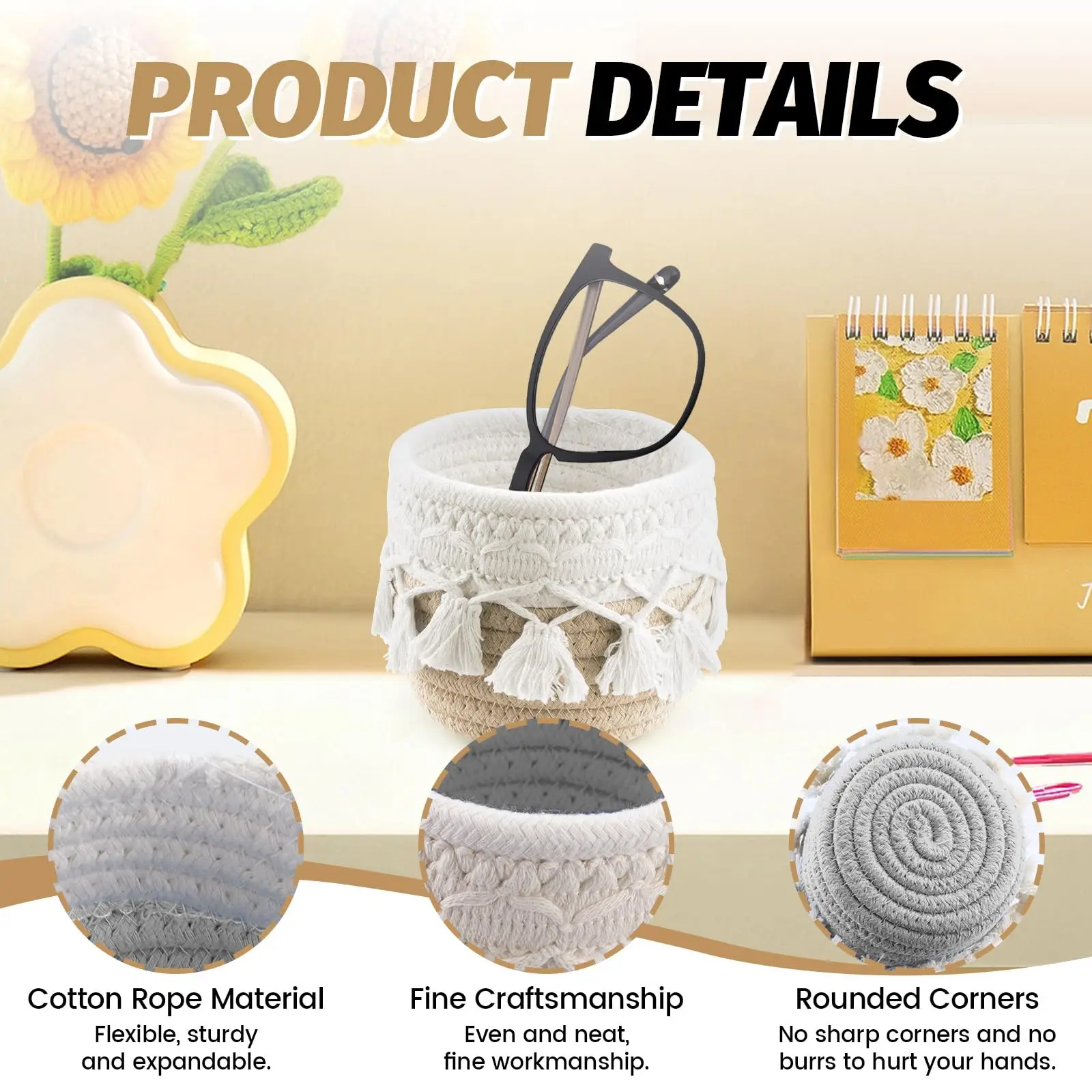 Makeup Brush Holder Organizer,Comb Brushes Mini Storage Basket, Boho Decor Baskets for Pen Pencil Box Container