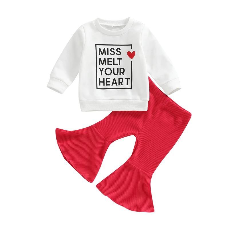 -11-17 Lioraitiin 0-3Years Baby Girls Valentines Day Set Long Sleeve Letters Heart Print Sweatshirt Elastic Waist Flare Pant